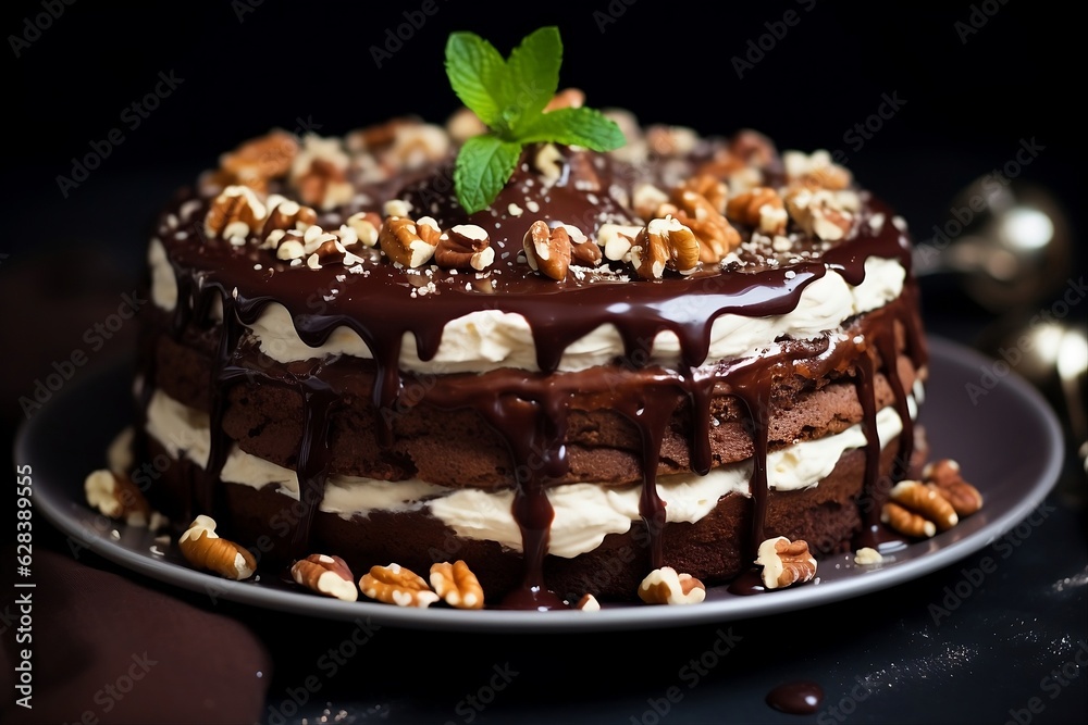 Chocolate cake with nuts, cream and mint Chocolate cake with nuts, cream and mint