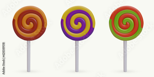 Set of realistic round spiral lollipops of different colors. Sweet caramel on stick. Vector illustration with shadows. Icons for game, site, web design. Concept for candy shop
