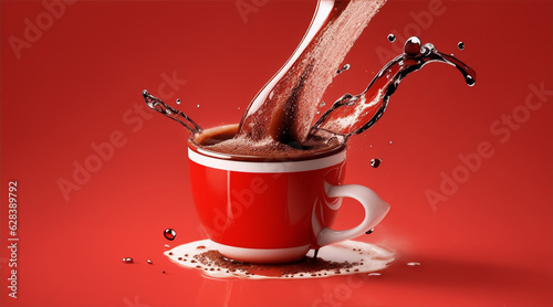 Cup mockup with coffee splash isolated on red background. Generative AI.
