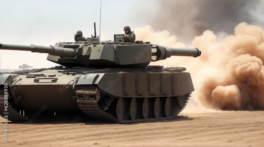 Naklejka premium Heavy machinery on battlefield armored tank in motion. Generative AI.