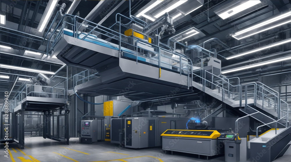 Modern manufacturing equipment in a futuristic factory. Generative AI.