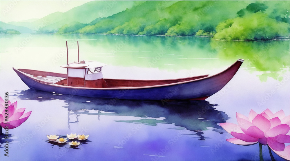 Fototapeta premium Boat on the lotus lake watercolor oil painting wallpaper background landscape boating wallpaper. Generative AI.