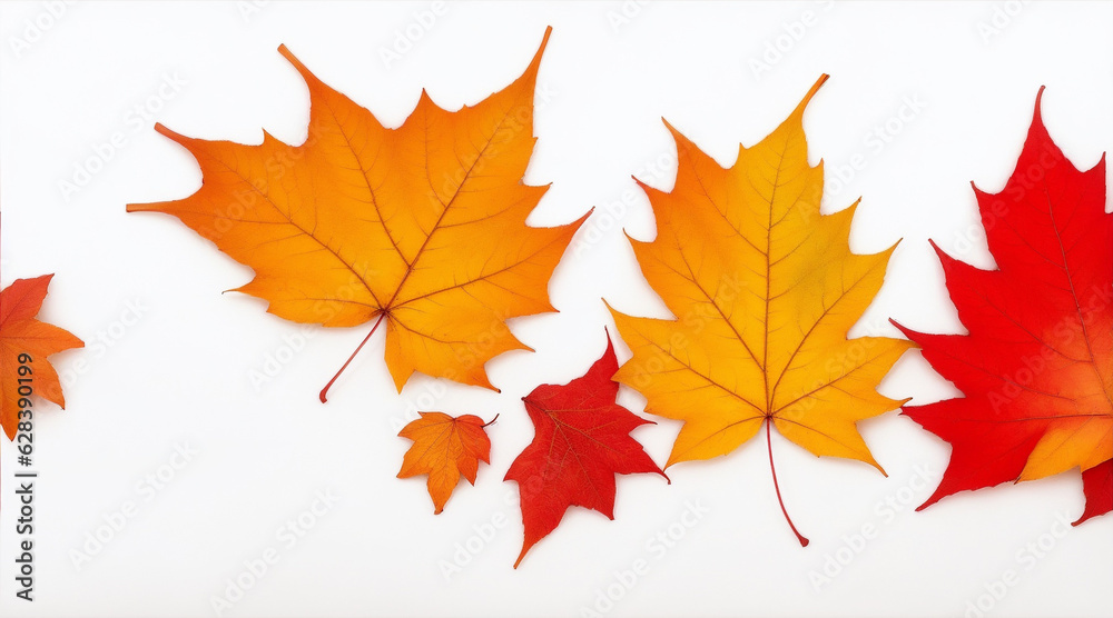 Fall leaves are laying down on a white background. Generative AI.