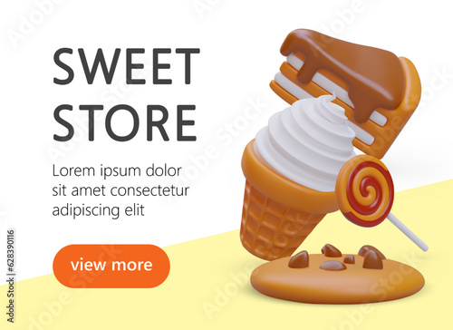 Square poster with 3D image and text. Advertisement of confectionery. Color concept for cooking courses, baking lessons. Sweet shop. Warm and cold desserts