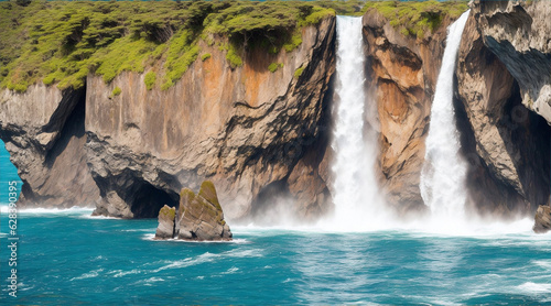 Two groups of rock formations standing at a waterfall in the pacific ocean. Generative AI.