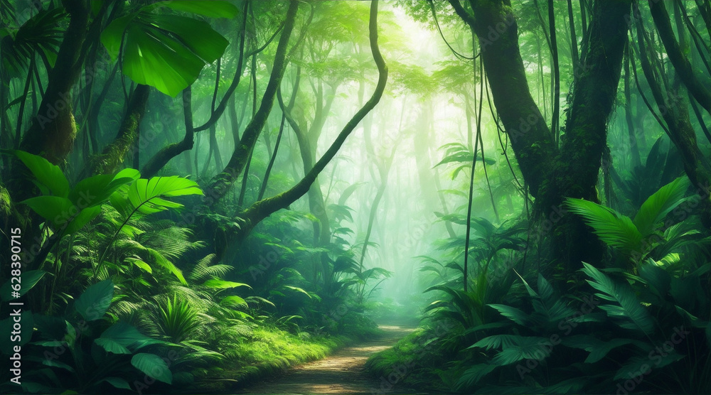 Jungle background forest nature scene futuristic. Generative AI.