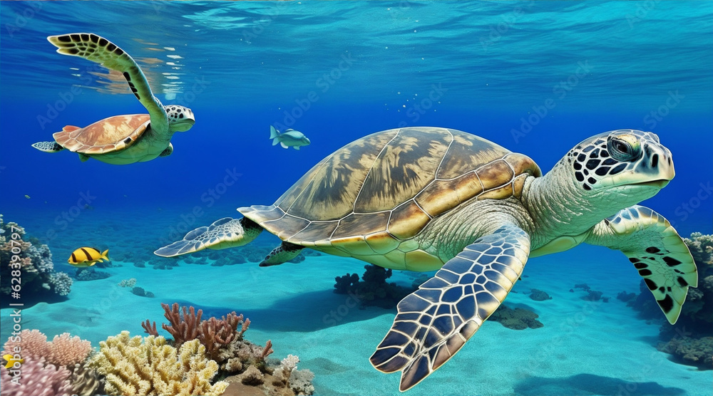 Obraz premium Swimming with sea turtles in tropical reef. Generative AI.