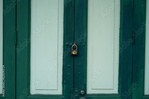 The door of an ancient house is made of wooden panels connected to hinges, painted in green.