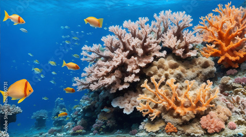 Multi ed fish swarm soft coral in tropical reef. Generative AI.