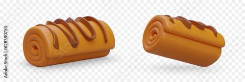 Realistic sweet roll with chocolate topping. Swiss roll cake with cream. Isolated object in different positions. Colored vector icons. Concept for collection of recipes, culinary site, menu design
