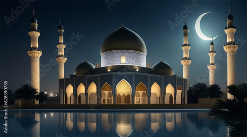 The beautiful serene mosque at night in the blessed month of ramadan the illuminated. Generative AI.