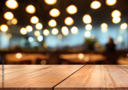 image of wooden table In front of abstract blurred background of resturant lights MADE OF AI