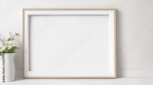 Blank picture frame mockup on white wall floral border. Generative AI. © BornHappy