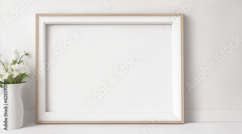 Blank picture frame mockup on white wall floral border. Generative AI.