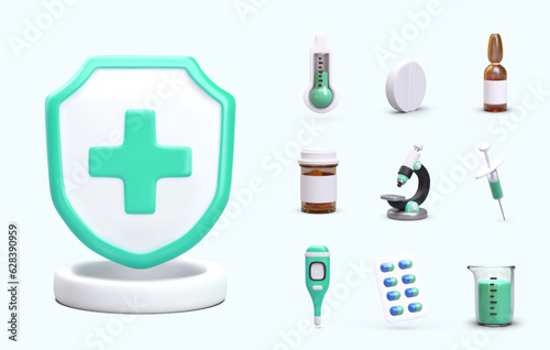 Healthcare concept. Set of different medical equipment in realistic 3d style. Assortment of various medical instruments. Vector illustration in green colors