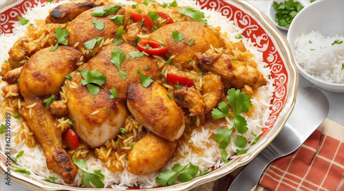 Gourmet chicken biryani with steamed basmati rice. Generative AI.