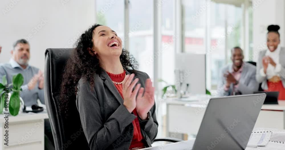 Woman in office with laptop, applause and news of success, promotion or bonus announcement. Wow, cheers and support for winner employee with target achievement, business people in celebration at desk Woman in office with laptop, applause and news of success, promotion or bonus announcement. Wow, cheers and support for winner employee with target achievement, business people in celebration at desk