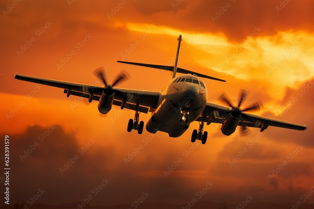 Plane Soaring in Vibrant Orange Sunset Skies, Generative AI