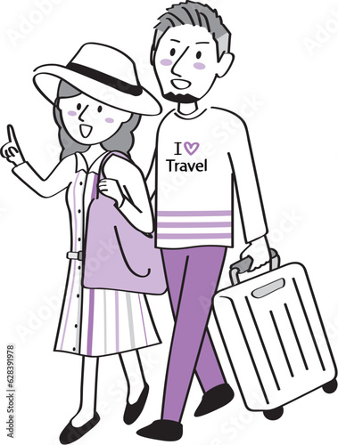 手描きイラスト　外国人旅行者カップル　2色　インバウンド