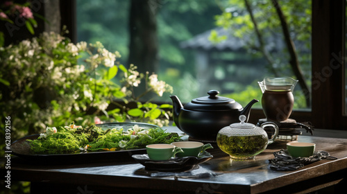 A traditional tea ceremony set amidst a serene garden, a meaningful ritual during the Mid-Autumn Festival Generative AI