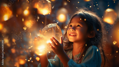 A young girl making a wish while releasing a glowing sky lantern, a magical tradition during the Mid-Autumn Festival Generative AI