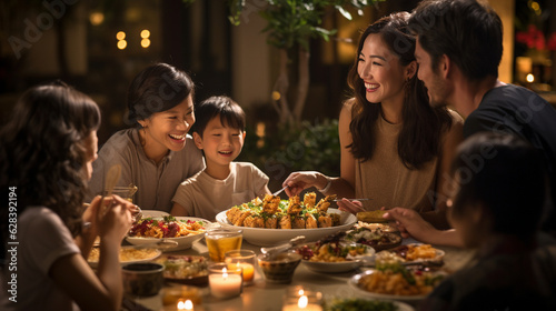 A family sitting together at a beautifully decorated table, enjoying a sumptuous Mid-Autumn Festival feast Generative AI