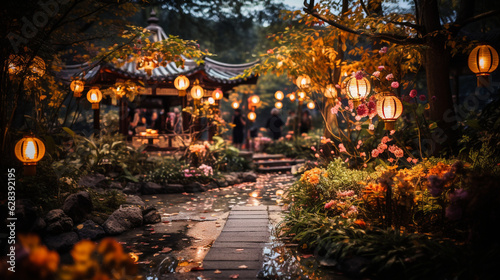An enchanting garden adorned with glowing lanterns and traditional decorations, creating a festive atmosphere for the Mid-Autumn Festival Generative AI