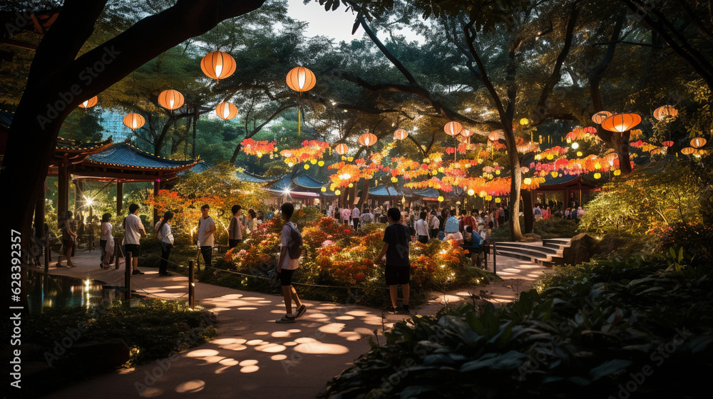 A serene park with colorful lanterns hanging from the trees, inviting people to celebrate the Mid-Autumn Festival Generative AI