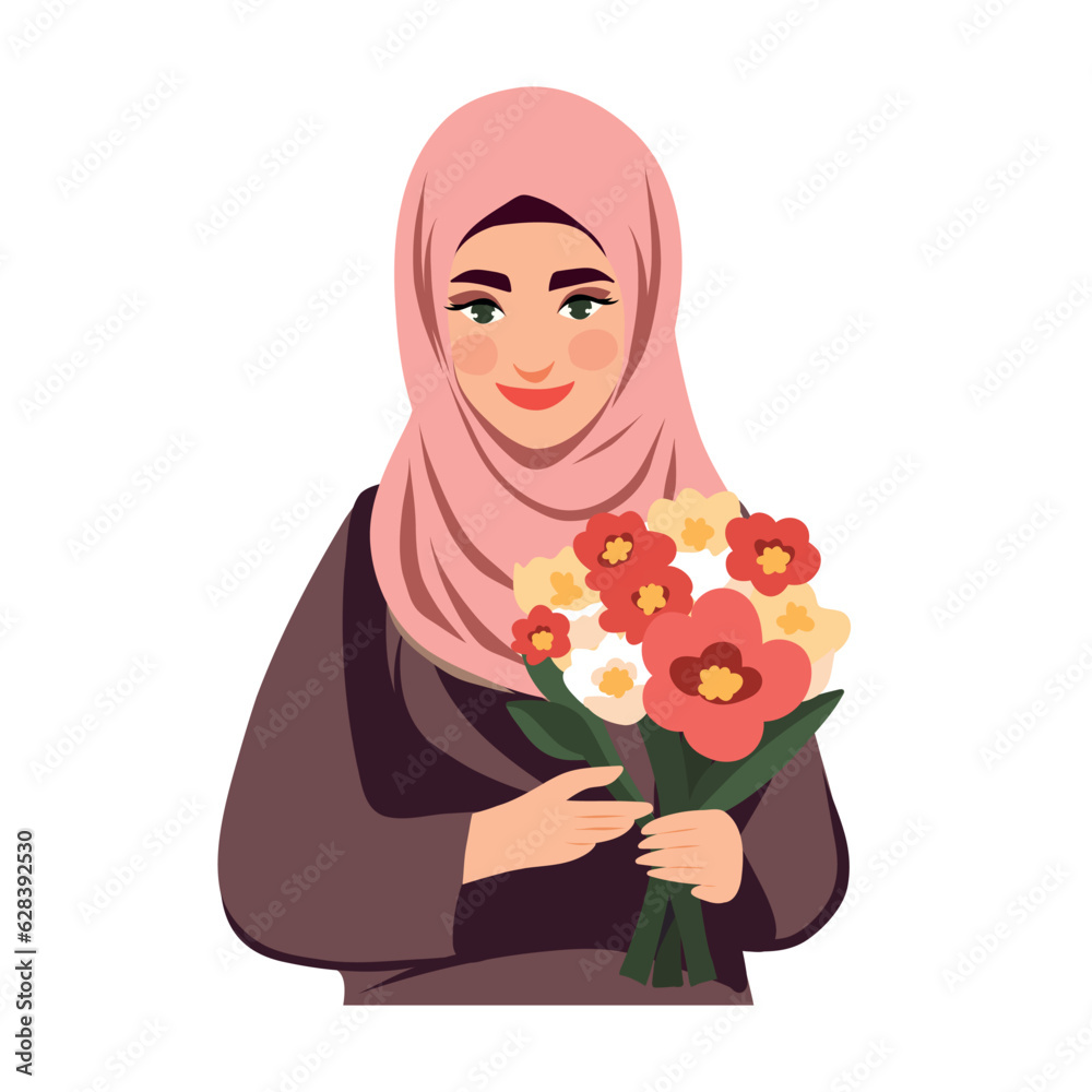 Vector icon of social media avatar beautiful muslim woman with flowers. Muslim culture. Women's Day. Portrait of a young woman with flowers of the national image. Flat vector illustration. Vector icon of social media avatar beautiful muslim woman with flowers. Muslim culture. Women's Day. Portrait of a young woman with flowers of the national image. Flat vector illustration.