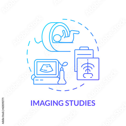 Imaging studies blue gradient concept icon. X ray machine. Bone scan. Diagnostic equipment. Computed tomography. Pediatric clinic abstract idea thin line illustration. Isolated outline drawing