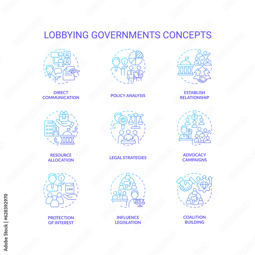 Gradient icons set representing lobbying government concepts, isolated vector, thin line colorful illustration.