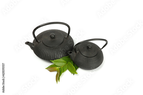 tea pot with leaf isolated on white 