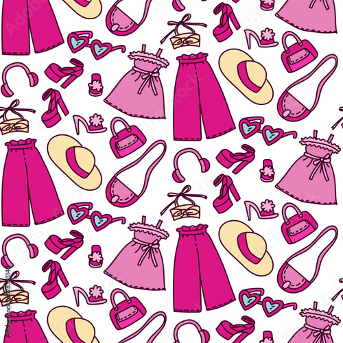 A pattern with colored Barbie outfits on a white background. Outfits, a hat, glasses, a bag, shoes and other details of jewelry for a girl. Printing on textiles and paper. Packaging
