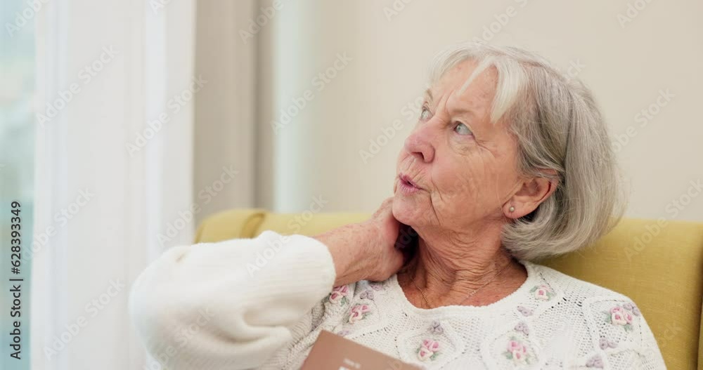 Neck pain, anxiety and senior woman on sofa with arthritis, osteoporosis or posture problem while reading. Joint, injury and elderly female in living room with fibromyalgia, osteoarthritis or stress Neck pain, anxiety and senior woman on sofa with arthritis, osteoporosis or posture problem while reading. Joint, injury and elderly female in living room with fibromyalgia, osteoarthritis or stress