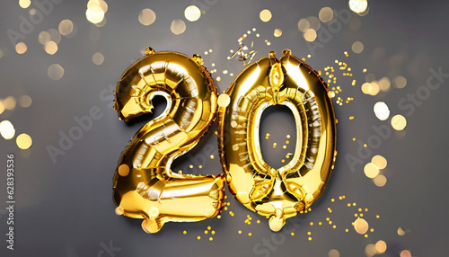 Cuadro en lienzo Gold foil balloon number, Birthday greeting card with inscription 20