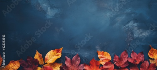 Panel kuchenny z motywem Autumn background with colored leaves on blue background. Generative AI