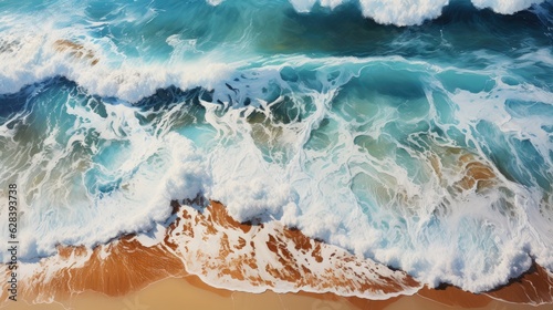 Top view of ocean waves on sandy beach landscape. Beautiful seascape background. Generative AI