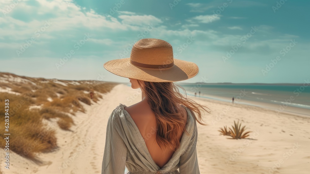 dunes by the sea. woman in a hat