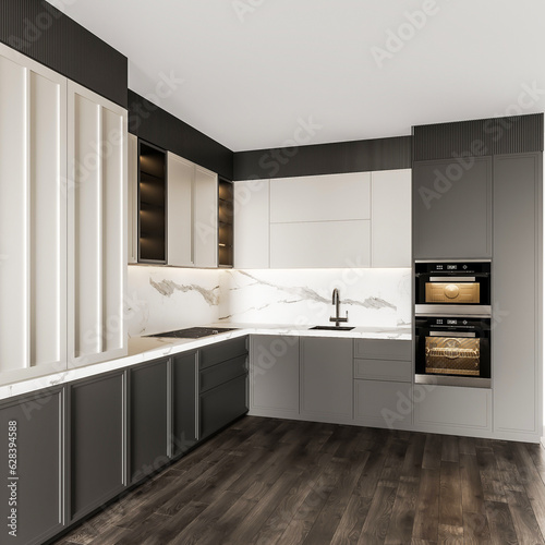 3d rendering mini kitchen with wooden cabinet and wooden floor 