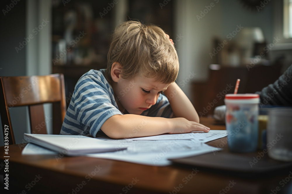 Tired little schoolboy being sad looking depressed, suffering stress overwhelmed by load of homework and schoolwork, sitting at desk. Generative AI. Tired little schoolboy being sad looking depressed, suffering stress overwhelmed by load of homework and schoolwork, sitting at desk. Generative AI.