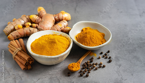 Fototapeta Naklejka Na Ścianę i Meble -  Ingredients for turmeric latte. Ground turmeric, curcuma root, cinnamon, ginger, black pepper on grey background. Spices for ayurvedic treatment. Alternative medicine concept.
