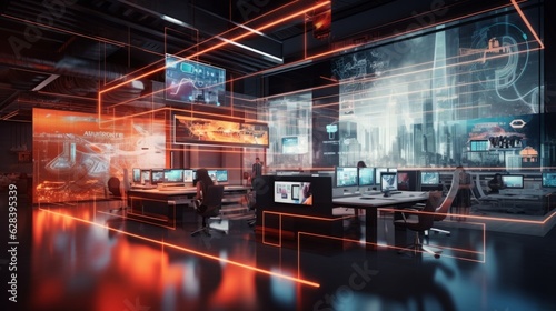 Modern neon cyberpunk open space office interior blurred with information technology overlay. Corporate strategy for finance  operations  marketing. Generative AI technology