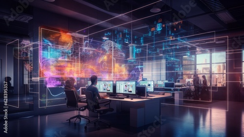 Modern neon cyberpunk open space office interior blurred with information technology overlay. Corporate strategy for finance, operations, marketing. Generative AI technology