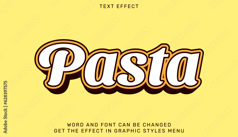 Pasta text effect template in 3d design. Text emblem for advertising, branding, business logo