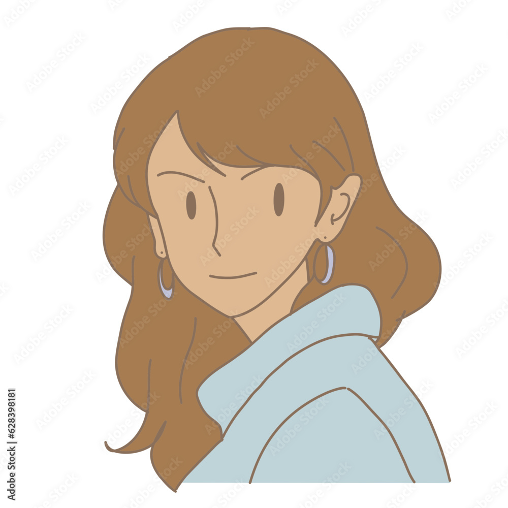 Woman with smile on face staring, looking at someone or something. Hand drawn flat cartoon character vector illustration.