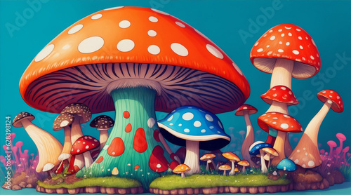 A colorful illustration of a mushroom and a mushroom. Generative AI.