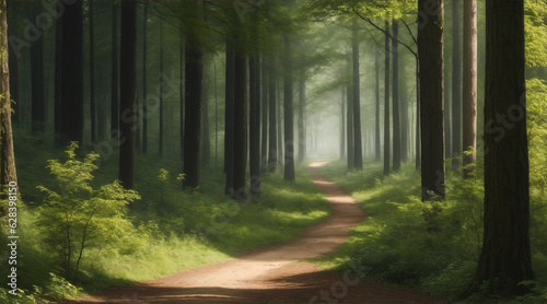A forest with trees and a path. Generative AI.