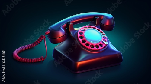 Vintage rotary telephone or phone ringing. Dark blue background. Retro handset phone. Device with a dial. Banner. photo