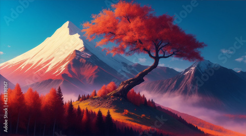 A digital painting of a mountain with a colorful tree in the foreground. Generative AI. photo