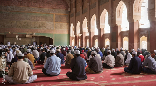 A group of muslim people in a mosque. Generative AI.